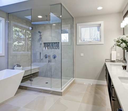 Sample of large bathroom with Prestige Floors tile work in place