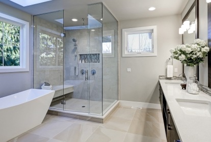 Sample of large bathroom with Prestige Floors tile work in place