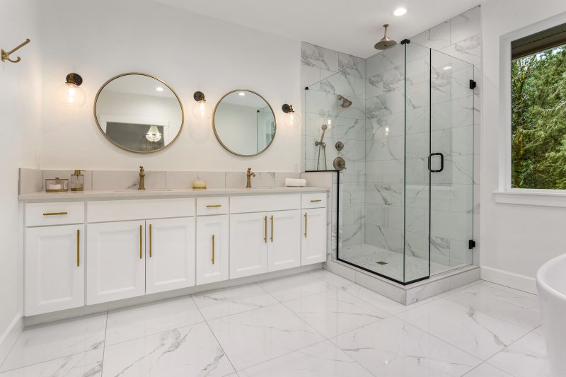 a clean bathroom with tile floors